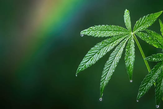 This captivating image showcases a cannabis leaf adorned with sparkling raindrops, set against a soft green background, and hints of a rainbow, perfect for nature themes.