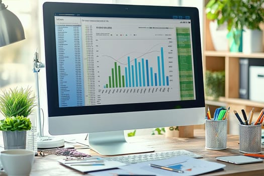 A modern office workspace featuring a computer with vibrant bar graphs and charts, ideal for showcasing data analysis and business insights within a productive environment.