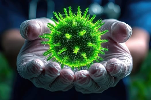 A close-up image of hands holding a green virus model, symbolizing the importance of microbiology and disease prevention in modern healthcare and scientific research.