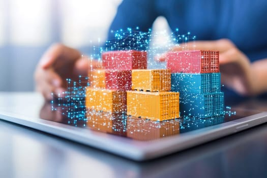 A modern tablet displays a vibrant visualization of shipping containers, symbolizing the digital transformation of logistics and supply chain management in today's economy.
