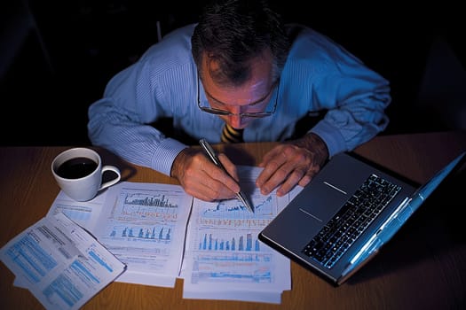 A focused man analyzes financial data and statistics in a dimly lit office, surrounded by charts and reports while enjoying a cup of coffee to fuel his concentration.