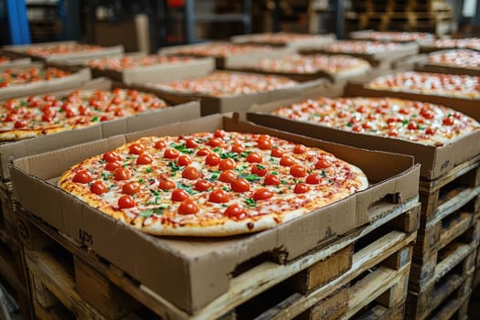 A vibrant display of freshly made pizzas topped with cherry tomatoes and basil, arranged on wooden pallets ready for delivery in an industrial kitchen setting.