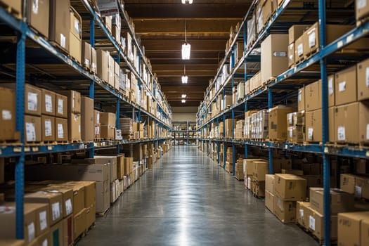A spacious warehouse featuring organized rows of cardboard boxes on shelves. The well-lit interior offers a clear view of aisles, showcasing efficient storage solutions for inventory and logistics.