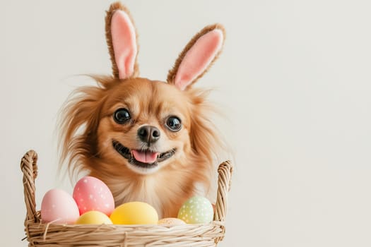 A joyful dog wearing bunny ears is nestled in a woven basket full of pastel-colored Easter eggs, embodying the festive spirit of spring.