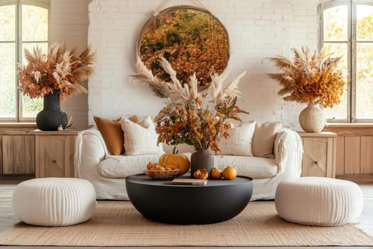 The living room showcases a cozy white couch adorned with cushions, a round black coffee table holding pumpkins, and elegant dried flower arrangements, all framed by soft natural light.