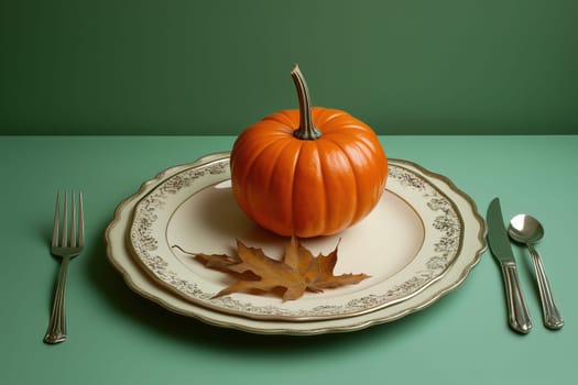A well-arranged table displays a bright orange pumpkin resting on an ornate plate, surrounded by a fallen leaf, creating a cozy autumn atmosphere.