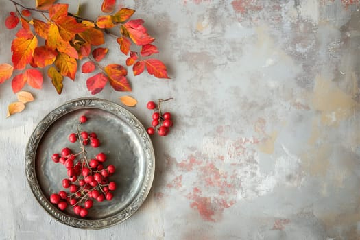 A silver plate holds vibrant red berries, complemented by colorful autumn leaves nearby. The textured grey background enhances the warm fall ambiance.