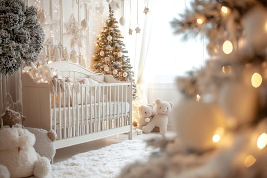 A beautifully decorated nursery features a white crib adorned with plush blankets, a Christmas tree twinkling with lights, and cuddly teddy bears, all adding a cozy winter charm.