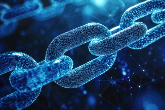 This image showcases glowing blue digital chain links interconnected in a futuristic design, symbolizing blockchain technology and its implications for network security and data integrity.
