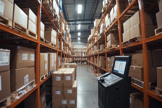 A well-organized warehouse aisle filled with neatly stacked cardboard boxes on shelves, featuring a monitor for effective inventory management and logistics operations.