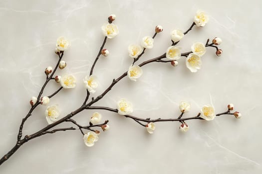 A branch adorned with delicate white plum blossoms rests on a smooth, light surface. The arrangement highlights the soft beauty of springtime flowers, inviting tranquility.
