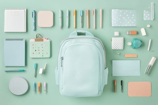 A mint green backpack is surrounded by an array of stationery items including notebooks, pens, and accessories, all arranged neatly on a pastel green surface.