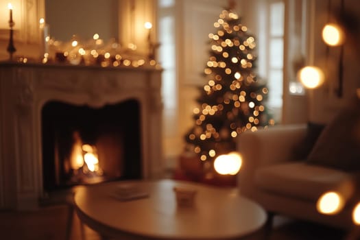 A beautifully decorated living room features a brightly lit Christmas tree and a crackling fireplace, creating a warm, inviting atmosphere perfect for the holiday season.