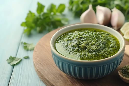 A vibrant green sauce made from fresh herbs, garlic, and lime is served in a blue bowl. Surrounding ingredients add freshness, creating a vibrant kitchen atmosphere.