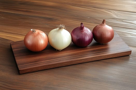 Four varieties of onions are arranged neatly on a wooden board. The natural light accentuates their distinct colors and textures, creating an inviting kitchen atmosphere.
