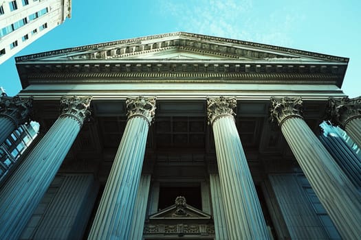 Explore the majesty of classical architecture with striking columns and a grand facade illuminated by a clear blue sky, capturing the essence of historic design elements.