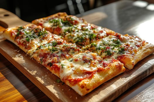 A rectangular pizza is fresh out of the oven, topped with melted cheese and a sprinkle of herbs, resting on a wooden board in an inviting atmosphere.