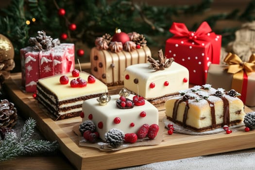 Colorful holiday pastries and cakes are artfully displayed on a wooden platter, surrounded by festive decorations and pinecones, creating a warm seasonal atmosphere.