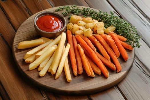 This platter features a delightful assortment of golden fries, vibrant carrot sticks, and seasoned potato cubes, accompanied by fresh herbs and a dip.
