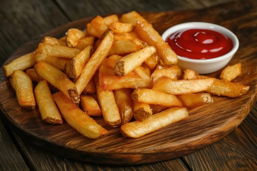 A generous serving of golden fries rests on a rustic wooden platter, accompanied by a small bowl of ketchup, inviting for a casual snack or side dish.