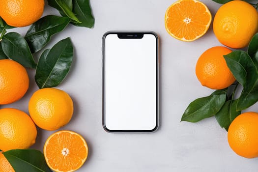 A blank smartphone is surrounded by ripe oranges and green leaves, creating a vibrant, fresh composition that embodies a healthy lifestyle and modern technology.