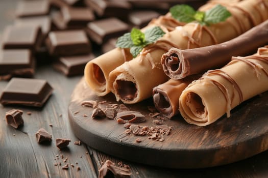 A wooden board showcases an assortment of chocolate wafers and rolled pastries, elegantly adorned with chocolate drizzles and fresh mint leaves, creating an inviting dessert display.