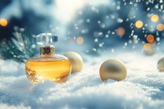 A sparkling golden perfume bottle rests on a blanket of snow, accompanied by decorative ornaments. Soft, twinkling lights create a magical winter atmosphere.