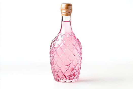 A beautiful pink glass bottle features a diamond pattern and a natural cork closure, ideal for holding liquids or as a decorative item in any setting.