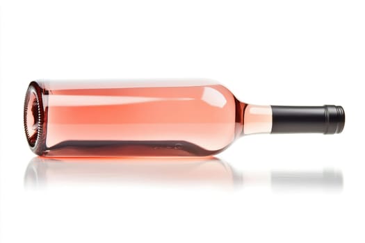 A single bottle of pink rosé wine is lying on its side on a smooth, reflective surface, allowing the vibrant colors to shine in a well-lit space.