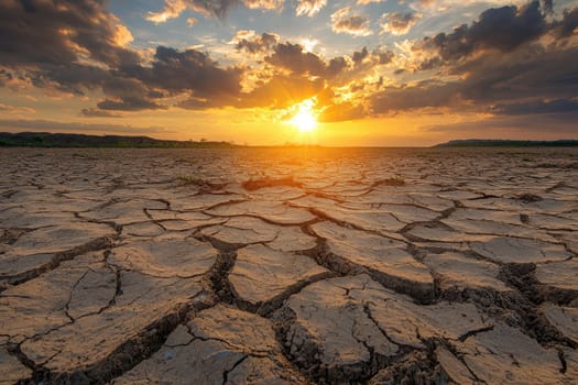 A striking image of cracked earth against a beautiful sunset, showcasing the stark effects of drought and evoking reflections on climate change and nature's resilience.