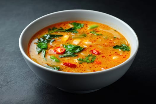 This bowl of spicy soup features bright red chili, green herbs, and assorted vegetables, creating a warm and inviting dish ideal for chilly days.