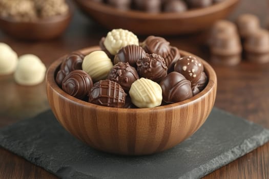 The bowl displays a delightful variety of chocolates, including dark, milk, and white options. Each piece features unique designs and textures, inviting indulgence.