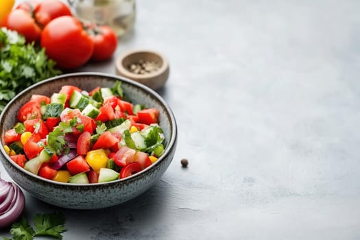 A colorful mix of diced tomatoes, cucumbers, and herbs is arranged in a bowl. Fresh vegetables surround the dish, showcasing a healthy meal ready to enjoy.