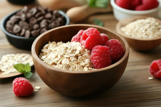 A wooden bowl holds rolled oats topped with vibrant raspberries and dark chocolate chips. Fresh mint leaves and additional toppings are arranged on a rustic wooden surface.