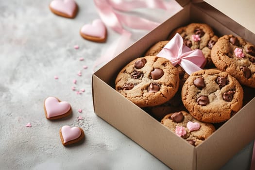 A gift box overflowing with freshly baked chocolate chip cookies sits on a light surface. Small pink hearts and ribbons accent the arrangement, adding a festive touch.