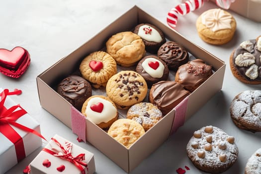 A beautifully arranged box contains a variety of cookies featuring heart designs, set against a light backdrop with additional festive sweets nearby.