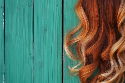 Long wavy auburn hair flows elegantly against a bright teal wooden backdrop, highlighting the rich colors and textures under soft natural light.