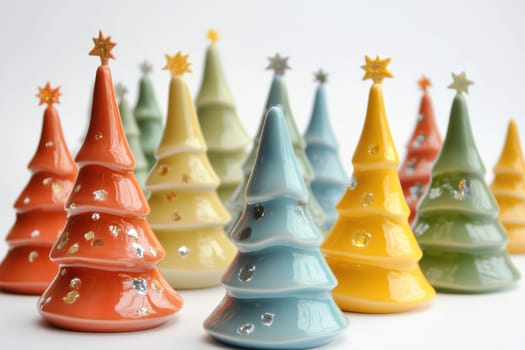 A vibrant collection of ceramic Christmas trees in various colors stands elegantly together. Each tree features unique decorations, creating a festive ambience perfect for the holiday season.