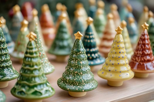 A collection of vibrant ceramic Christmas trees stands neatly arranged, showcasing various colors and designs that evoke a joyful holiday spirit.