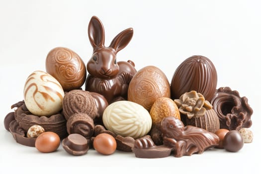 This colorful variety of chocolate includes charming bunny figures, intricately designed Easter eggs, and assorted chocolates, ideal for festive occasions.