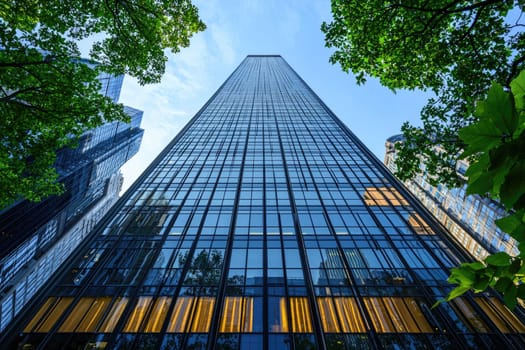 A stunning view of a modern skyscraper from below, surrounded by greenery, blending the essence of nature and contemporary architecture in a bustling urban environment.