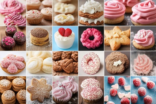 An inviting display features an array of sweet treats, including cupcakes, cookies, and candies, beautifully arranged on a wooden surface.