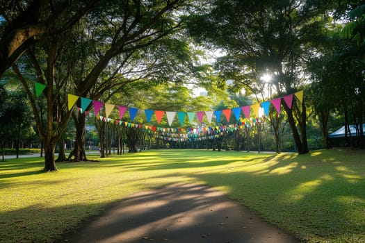 A serene pathway in the park is lined with vibrant flags hanging between trees, illuminated by the warm glow of the setting sun, creating a joyful atmosphere for visitors.
