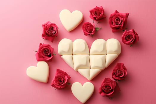 This delightful composition features a heart made of white chocolates surrounded by vibrant red roses, set against a soft pink backdrop, perfect for expressing love and affection.