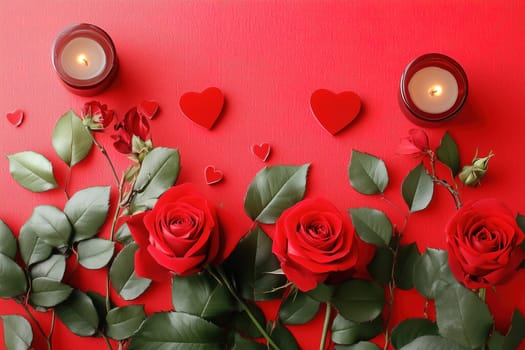 A stunning arrangement features red roses and candles with heart decorations, set against a bright red backdrop, perfect for a romantic occasion.