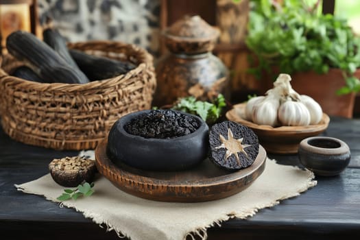 A wooden table is set with various culinary ingredients, including garlic, herbs, and a unique black garlic paste in an artisan bowl, showcasing traditional cooking elements.