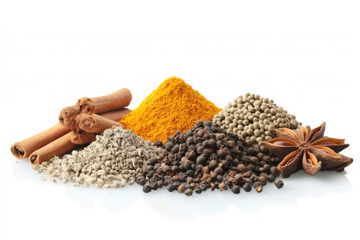 An assortment of spices including turmeric, cinnamon sticks, star anise, and black pepper arranged attractively on a clean white backdrop, ideal for enhancing meals.