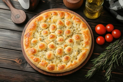 A round, golden flatbread is beautifully garnished with herbs and cheese, resting on a wooden board surrounded by fresh tomatoes and olive oil, creating a rustic kitchen vibe.
