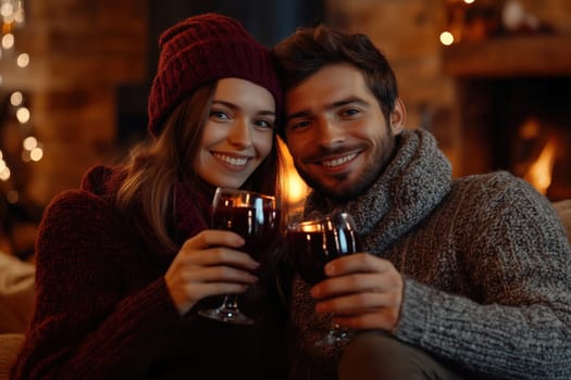A cheerful couple sits together in warm sweaters, raising their glasses filled with a warm drink while celebrating the cozy atmosphere by the fireplace.