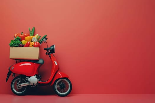 A vibrant red scooter is parked against a matching red wall, laden with a wooden box full of colorful fresh produce, reflecting a cheerful urban vibe.